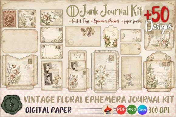 Download Vintage Floral Ephemera Journal Kit 50+ - Journal kit Collection